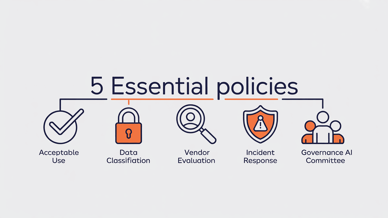 Five essential AI policy documents floating in professional arrangement