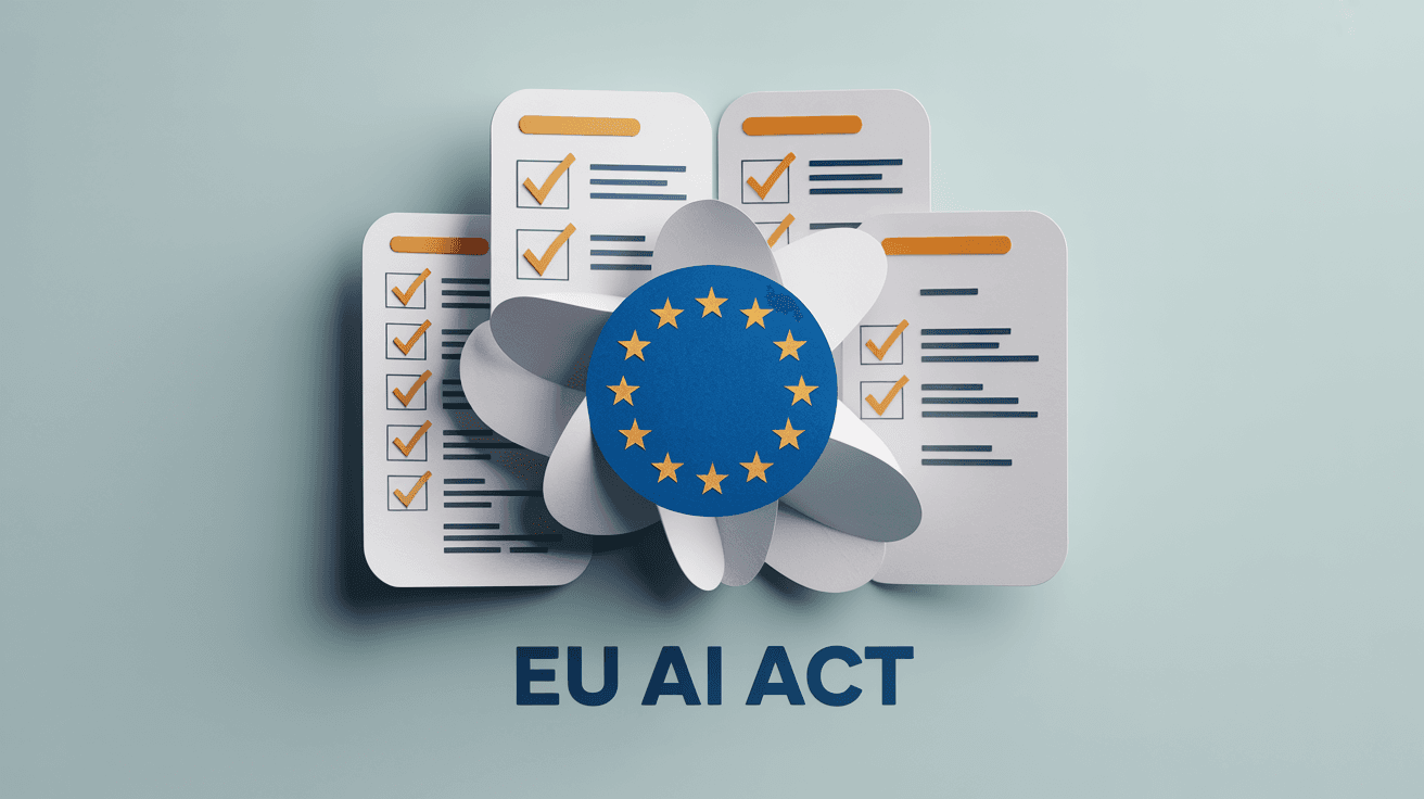 EU AI Act compliance illustration showing business professionals reviewing AI governance requirements with European Union visual elements