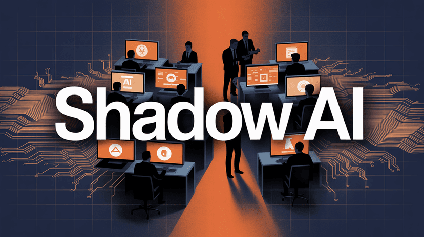Office building cross-section showing employees using AI tools - some visible and monitored, others hidden in shadow representing unauthorized Shadow AI usage