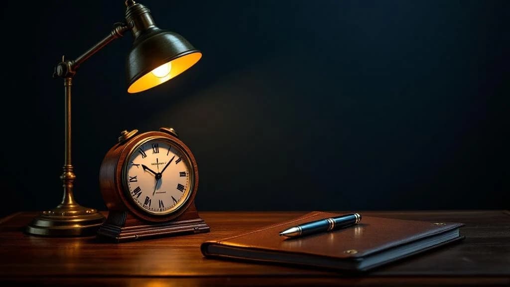 Editorial photograph: brass desk clock and leather investment portfolio folder on a polished mahogany desk, lit by a brass banker's lamp